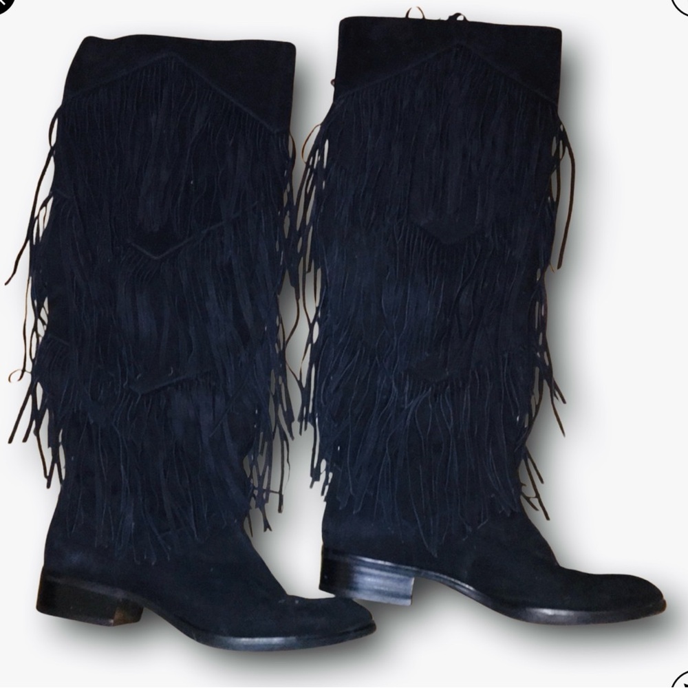 Sam Edelman fringe  Black suede knee high boots block heel size 8